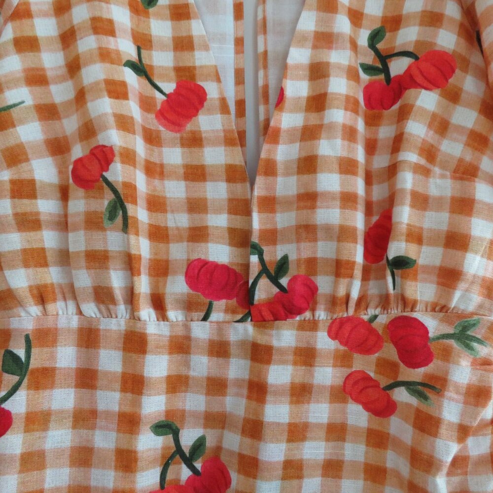 FARM Rio Orange Gingham Cherry Print Puff Sleeve Dress - Picture 6 of 16